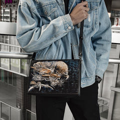 Handmade Black Tooled Floral Leather Messenger Bags Side Bag Clutch Wristlet Bag For Men