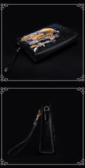 Handmade Black Tooled Chinese Dragon Leather Messenger Bags Side Bag Clutch Wristlet Bag For Men
