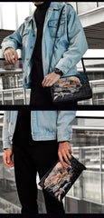 Handmade Black Tooled Chinese Dragon Leather Messenger Bags Side Bag Clutch Wristlet Bag For Men