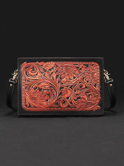 Handmade Black Tooled Floral Leather Messenger Bags Side Bag Clutch Wristlet Bag For Men