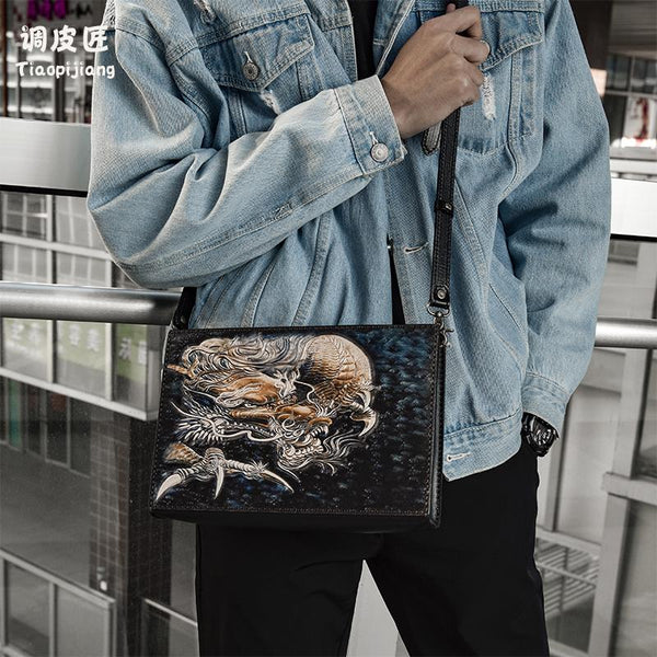 Handmade Black Tooled Chinese Dragon Leather Messenger - Back View