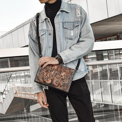 Handmade Black Tooled Floral Leather Messenger Bags Side Bag Clutch Wristlet Bag For Men