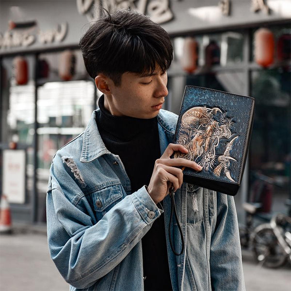 Handmade Black Tooled Chinese Dragon Leather Clutch - Back View