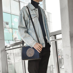 Handmade Black Tooled Floral Leather Messenger Bags Side Bag Clutch Wristlet Bag For Men