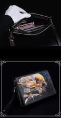 Handmade Black Tooled Chinese Dragon Leather Messenger Bags Side Bag Clutch Wristlet Bag For Men