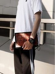 Handmade Black Tooled Floral Leather Messenger Bags Side Bag Clutch Wristlet Bag For Men