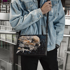 Handmade Black Tooled Double Carp Leather Messenger Bags Side Bag Clutch Wristlet Bag For Men