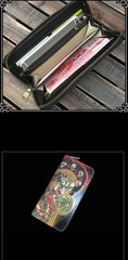Handmade Black Mahākāla Wolf Tooled Leather Long Wallet Clutch Zipper Wallet For Men