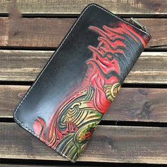 Handmade Black Wolf Tooled Leather Long Wallet Mahākāla Clutch Zipper Wallet For Men