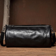 Fashion Black Leather Mens Barrel Messenger Bag Bucket Courier Bag Postman Bags for Men