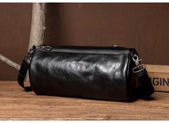 Fashion Black Leather Mens Barrel Messenger Bag Bucket Courier Bag Postman Bags for Men