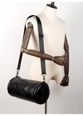 Fashion Black Leather Mens Barrel Messenger Bag Bucket Courier Bag Postman Bags for Men