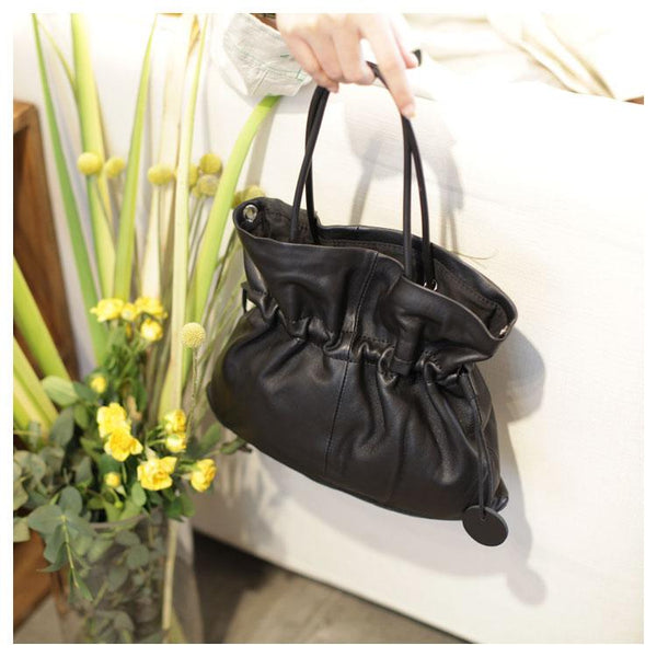 Fashion Womens Black Leather Drawstring Bucket Handbag Purse Womens Bucket Tote CM932001131