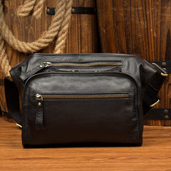 Black Leather Fanny Pack Mens Waist Bag Hip Pack Belt Bags Bumbag for Men