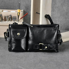 Cool Black Leather Fanny Pack Mens Black Waist Bag Hip Pack Black Belt Bag for Men