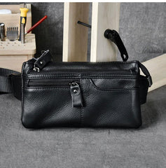 Cool Black Leather Fanny Pack Mens Black Waist Bag Hip Pack Black Belt Bag for Men