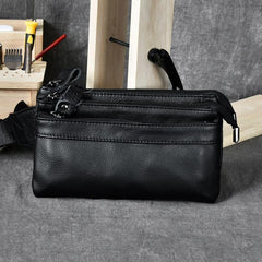 Cool Black Leather Fanny Pack Mens Black Waist Bag Hip Pack Black Belt Bag for Men