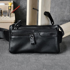 Cool Black Leather Fanny Pack Mens Black Waist Bag Hip Pack Black Belt Bag for Men