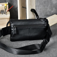 Cool Black Leather Fanny Pack Mens Waist Bag Hip Black Pack Bumbag for Men