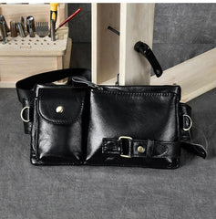 Cool Black Leather Fanny Pack Mens Black Waist Bag Hip Pack Black Belt Bag for Men