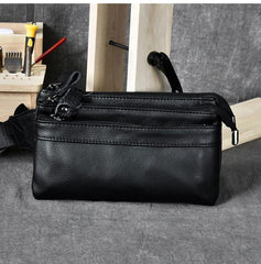Cool Black Leather Fanny Pack Mens Black Waist Bag Hip Pack Black Belt Bag for Men