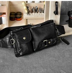 Cool Black Leather Fanny Pack Mens Black Waist Bag Hip Pack Black Belt Bag for Men