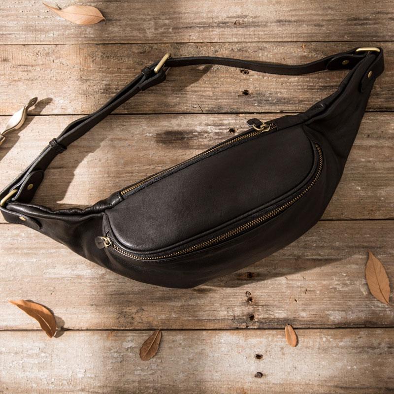 Black Leather Mens Fanny Pack Mens Black Waist Bag Hip Pack Belt