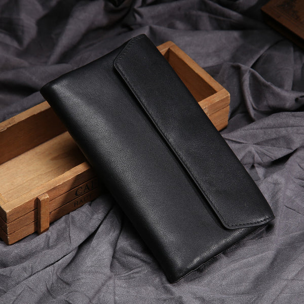 Black Leather Long Wallet for Men Bifold Long Wallet FY01681225