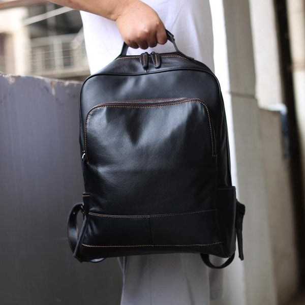 Black Leather Men's 15 inches Computer Backpack Travel Backpack Black Large Coll FY03481002