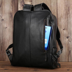 Black Leather Men's 15 inches Computer Backpack Travel Backpack Black Large College Backpack For Men