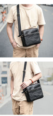 Black Leather Mens 10 inches Courier Bag Messenger Bag Black Small Postman Bag For Men