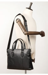 Black Leather Mens 13inches Briefcase Laptop Briefcase Shoulder Business Bags Work Bag for Men
