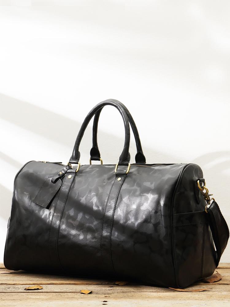 Black Leather Mens 16 Weekender Bag Travel Shoulder Bag Black