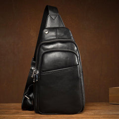 Black Leather Mens Cool Sling Bag Sling Pack Black Crossbody Packs Chest Bag for men