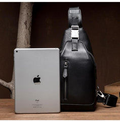 Cool Black Leather Mens Sling Bags Crossbody Pack Black Chest Bags Sling Pack for men
