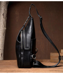 Cool Black Leather Mens Sling Bags Crossbody Pack Black Chest Bags Sling Pack for men