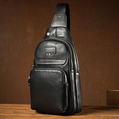 Black Leather Mens Cool Crossbody Packs Sling Pack Sling Bags Black Chest Bag for men