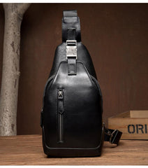 Cool Black Leather Mens Sling Bags Crossbody Pack Black Chest Bags Sling Pack for men