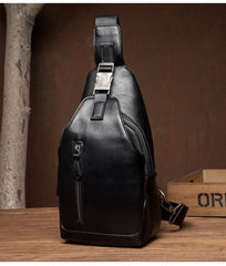 Cool Black Leather Mens Sling Bags Crossbody Pack Black Chest Bags Sling Pack for men