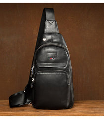 Black Leather Mens Cool Crossbody Packs Sling Pack Sling Bags Black Chest Bag for men