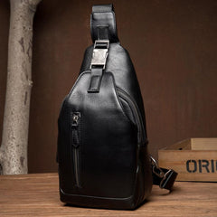 Cool Black Leather Mens Sling Bags Crossbody Pack Black Chest Bags Sling Pack for men