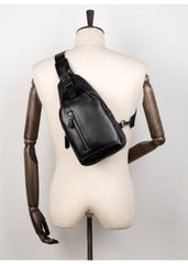 Cool Black Leather Mens Sling Bags Crossbody Pack Black Chest Bags Sling Pack for men