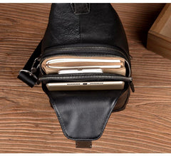Cool Black Leather Mens Sling Bags Crossbody Pack Black Chest Bags Sling Pack for men