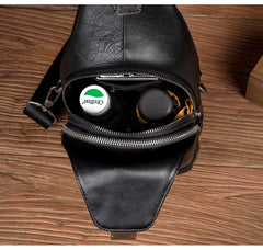 Cool Black Leather Mens Sling Bags Crossbody Pack Black Chest Bags Sling Pack for men