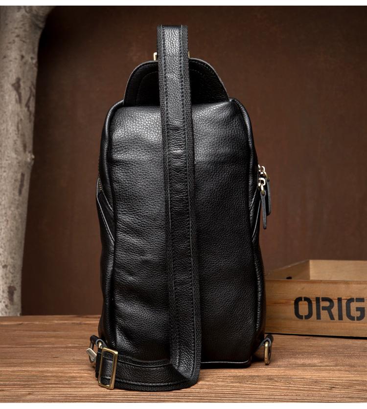 Black Leather Mens Cool Sling Bags Crossbody Pack Black One Shoulder B