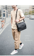 Casual Black Leather Mens 11 inches Courier Bags Messenger Bag Vintage Brown Postman Bags For Men
