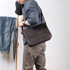 Casual Black Leather Mens 11 inches Courier Bags Messenger Bag Vintage Brown Postman Bags For Men