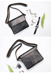Black Leather Mens Cool Small Courier Bags Messenger Bags Amber Brown Postman Bag For Men