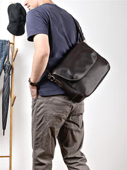 Black Leather Mens Casual 10'' Courier Bags Messenger Bags Dark Coffee Gray Postman Bag For Men