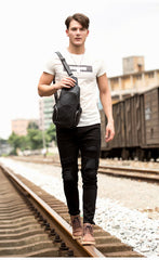 Black Leather Mens Cool Crossbody Pack Sling Bags Black Sling Pack Chest Bag for Men